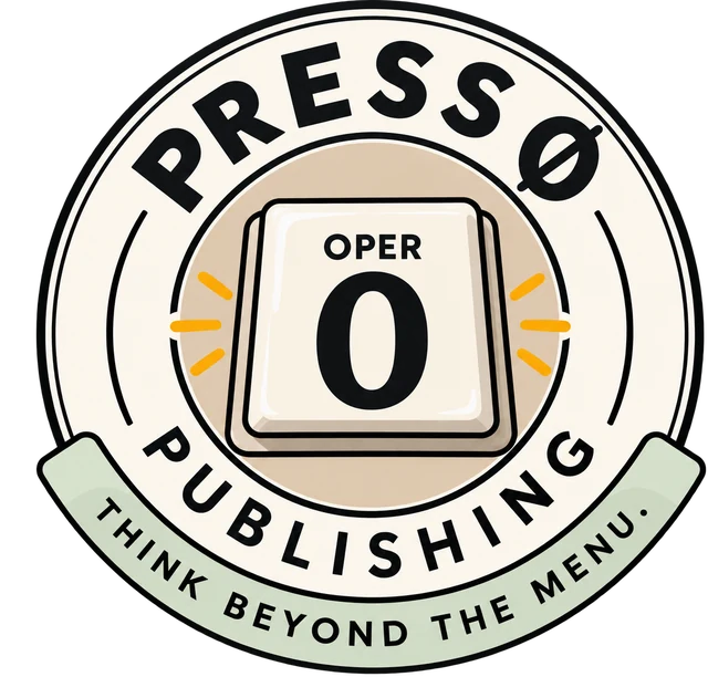 Press 0 Publishing logo. A round seal with a telephone keypad key marked OPER and 0 at its center. A banner below reads Think Beyond the Menu.